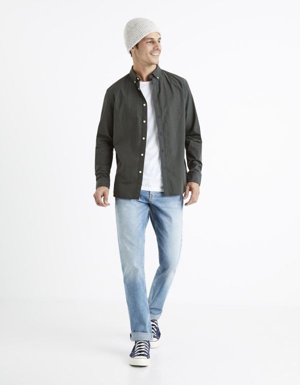 Chemise regular popeline 100% coton à carreaux - kaki