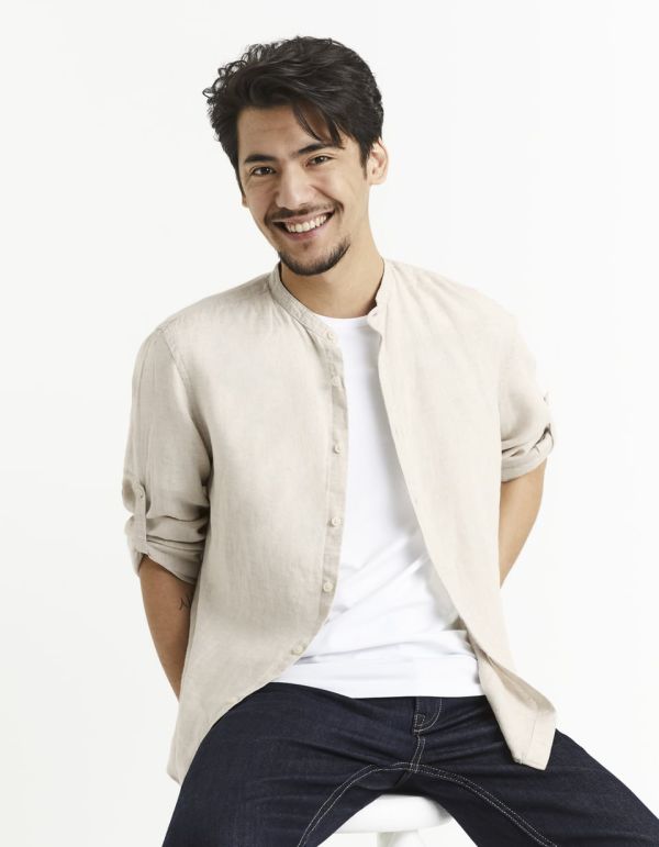 Chemise regular col mao 100% lin