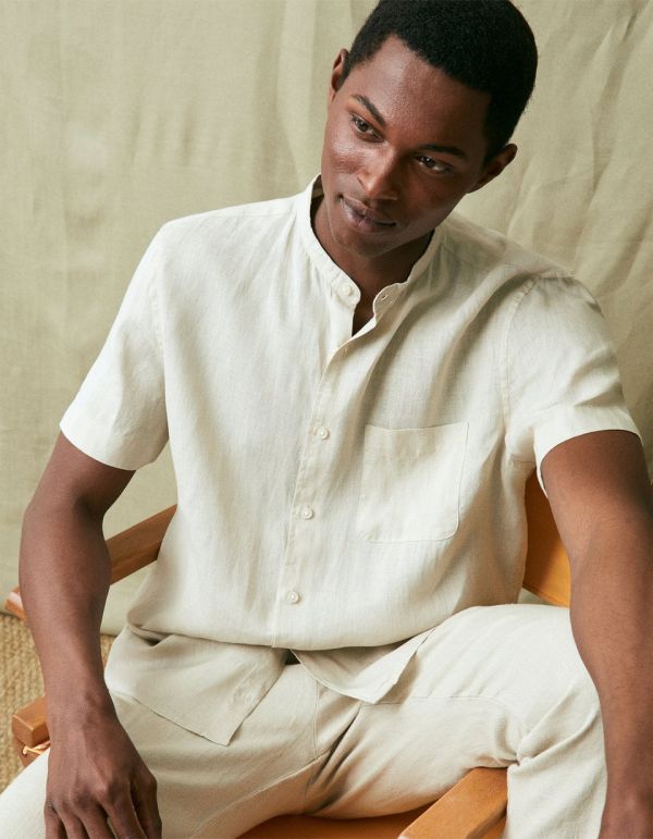 Chemise regular col mao 100% lin