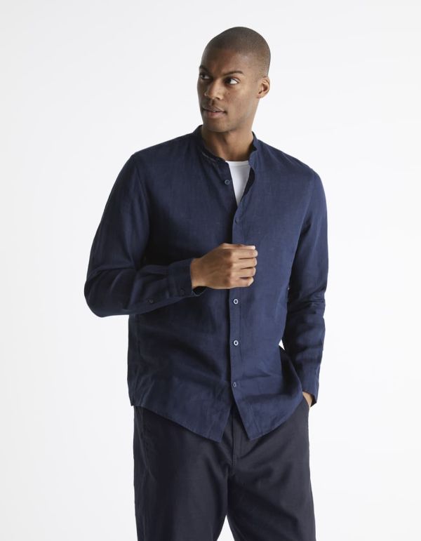 Chemise regular col mao 100% lin