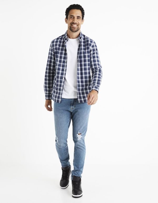 Chemise regular popeline 100% coton à carreaux - bleu