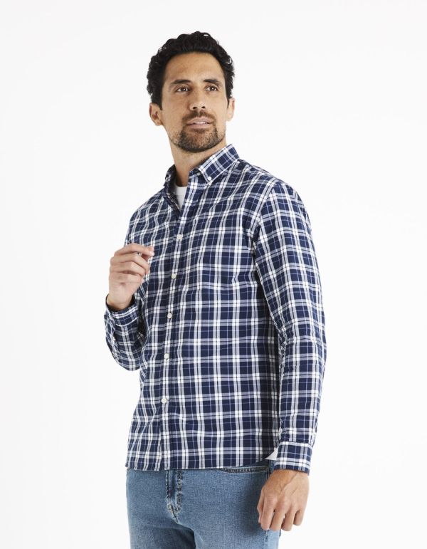 Chemise regular popeline 100% coton à carreaux - bleu