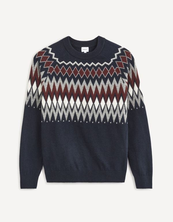 Pull col rond jacquard 100% coton