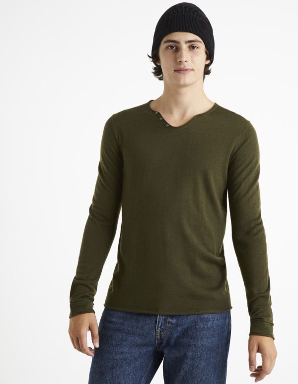 Pull col tunisien laine mélangé - kaki