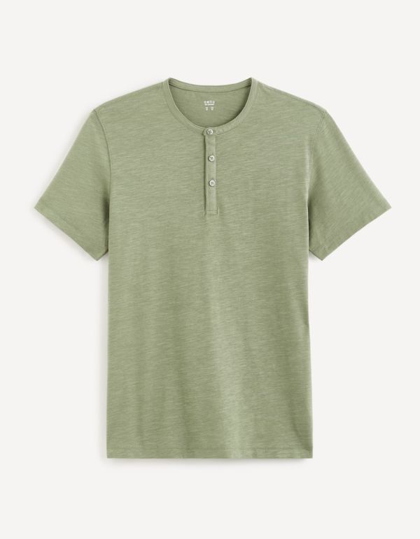 T-shirt col henley 100% coton - vert sauge
