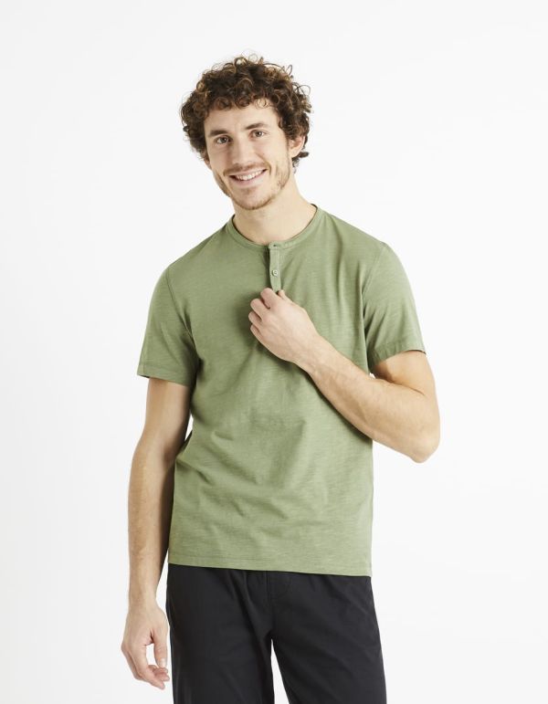 T-shirt col henley 100% coton - vert sauge