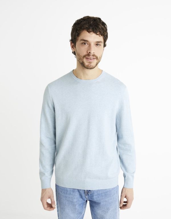 pull col rond 100% coton  - bleu