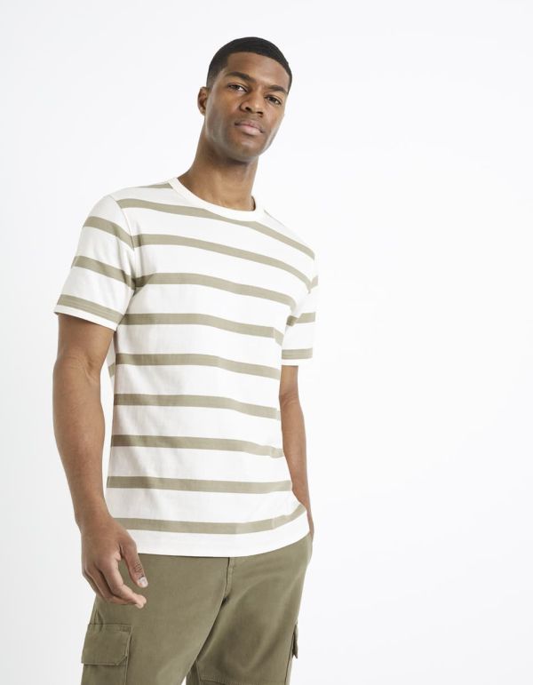 T-shirt col rond 100% coton à rayures - vert