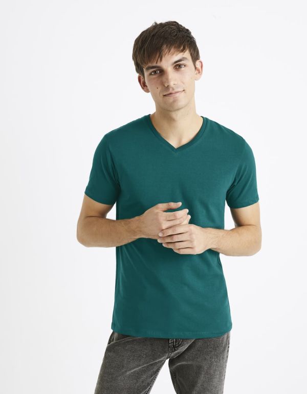 T-shirt col V coton stretch - vert