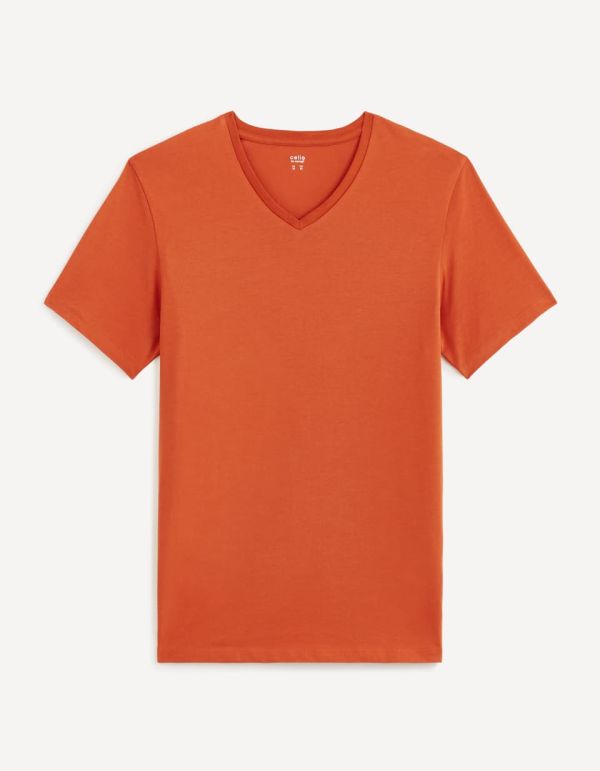 T-shirt col V coton stretch - terracotta
