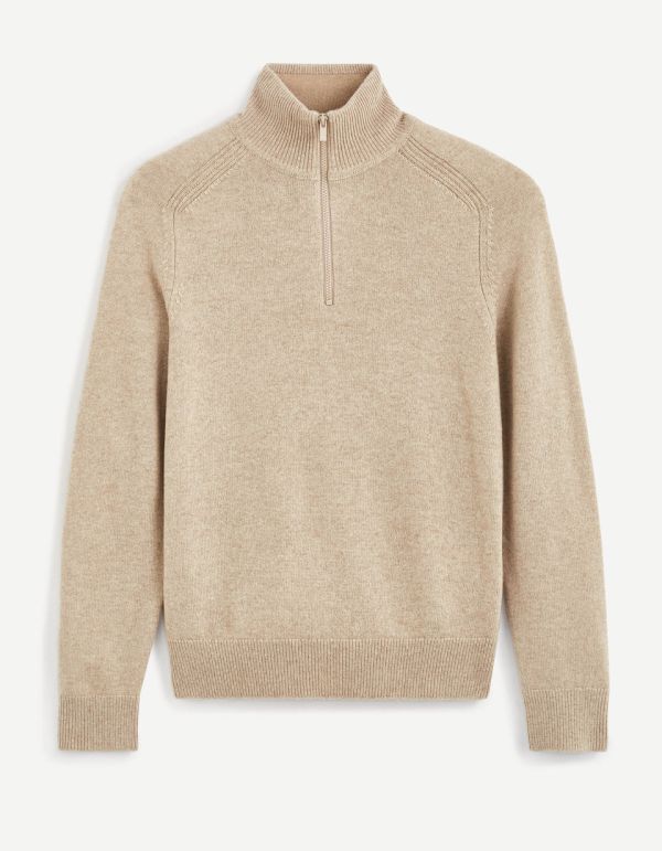 Pull col demi zip en 100% lambswool - beige