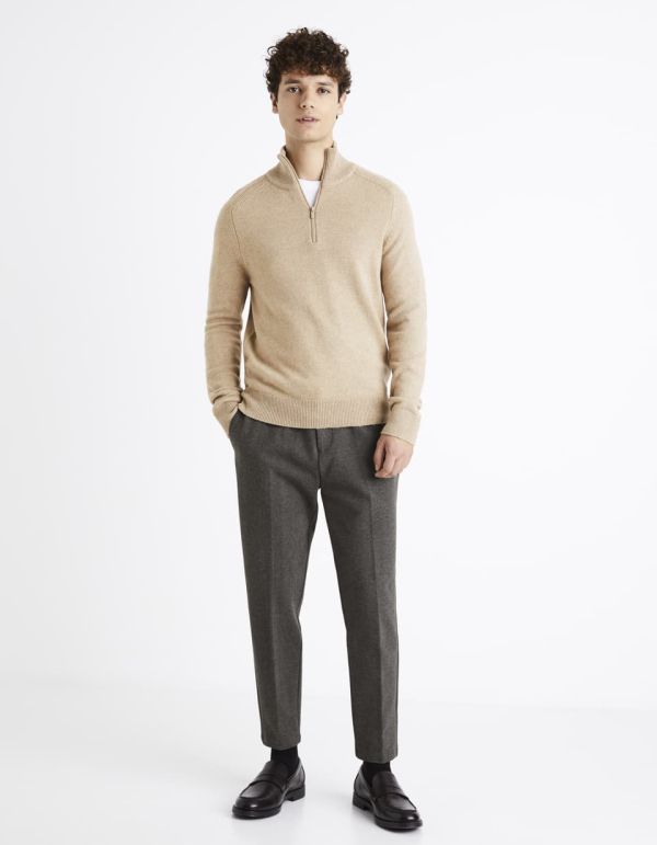 Pull col demi zip en 100% lambswool - beige