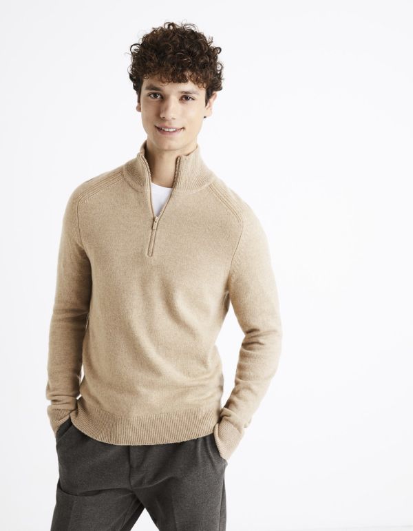 Pull col demi zip en 100% lambswool - beige