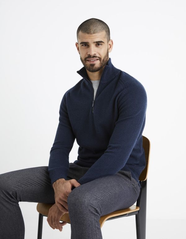 Pull col demi zip en 100% lambswool - encre