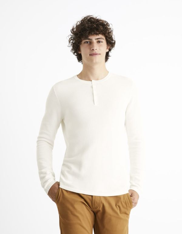 Pull col henley coton piqué - blanc