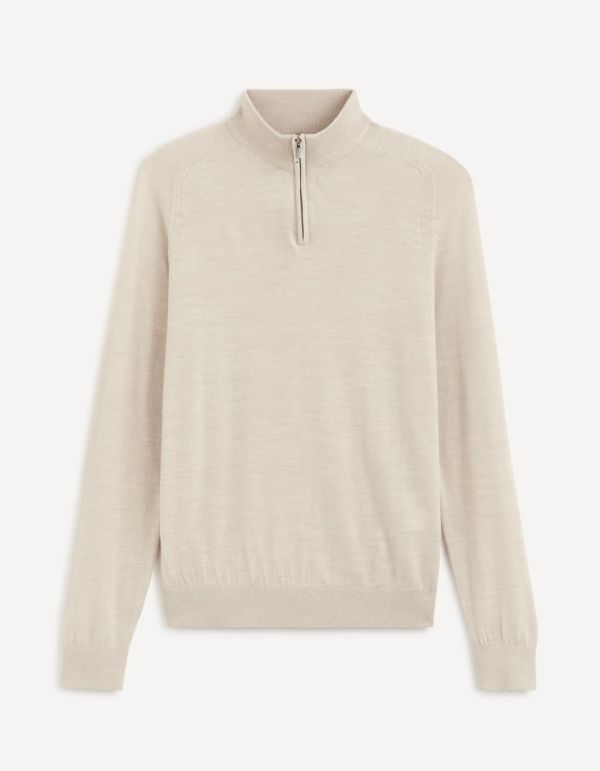 Pull col montant zippé laine merinos mélangée - ecru