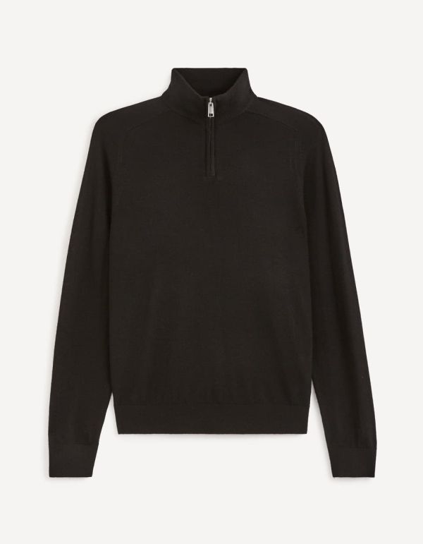 Pull col montant zippé laine merinos mélangée - noir