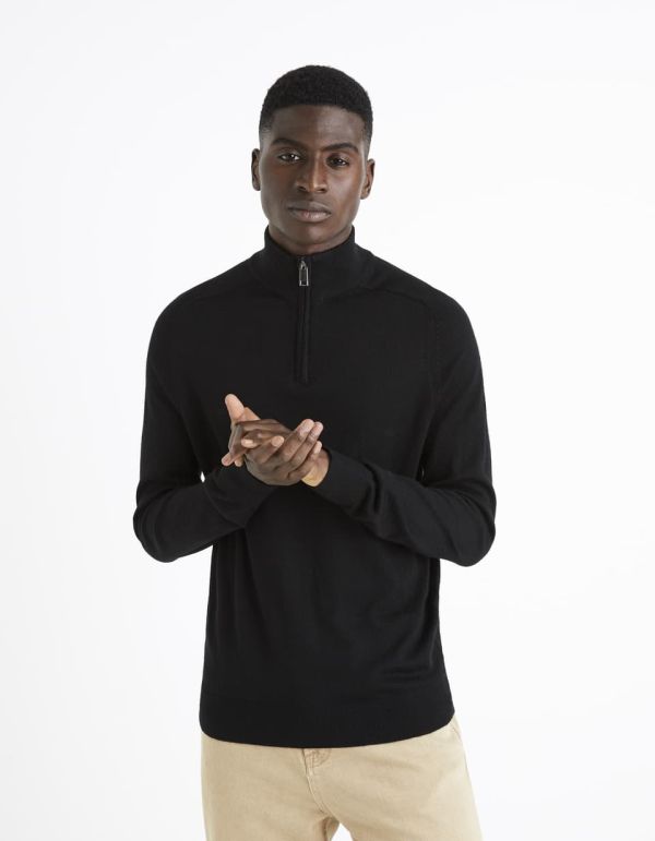 Pull col montant zippé laine merinos mélangée - noir