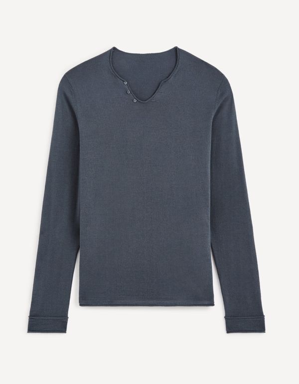 Pull col tunisien laine mélangé - bleu gris