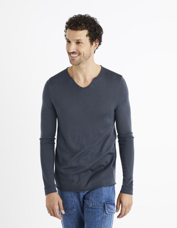 Pull col tunisien laine mélangé - bleu gris