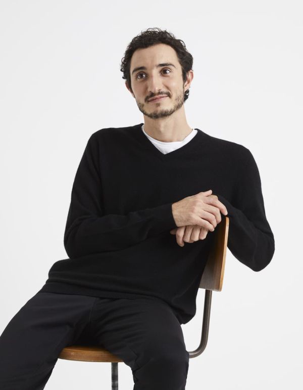 Pull col v 100% cachemire - noir