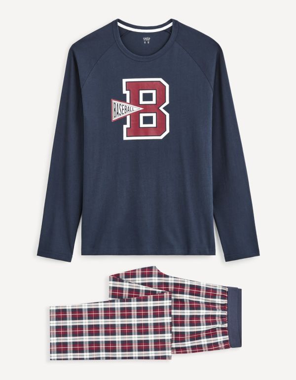 Pyjama manches longues et pantalon à carreaux - marine