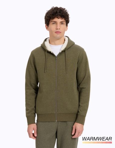 Sweat zippé à capuche doublé sherpa - kaki