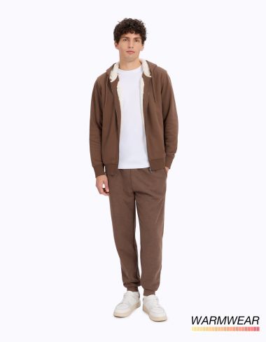 Sweat zippé à capuche doublé sherpa - café