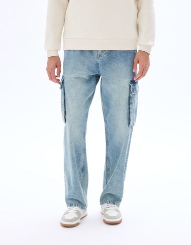 Jean cargo 100% coton - bleu délavé