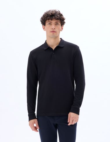 Polo regular piqué 100% coton manches longues - noir
