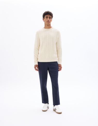 Pull torsadé col rond en coton mélangé - écru