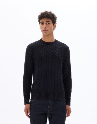 Pull torsadé col rond en coton mélangé - noir