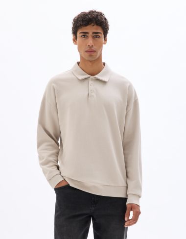 Sweat regular col polo en piqué - beige