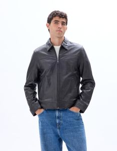 Blouson en cuir col chemise - noir