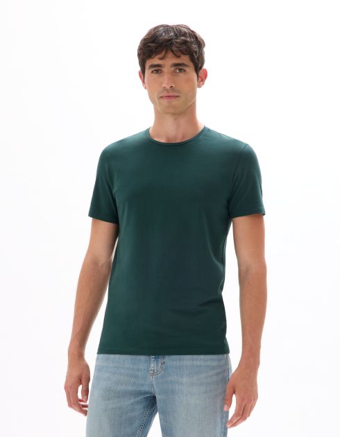 T-shirt slim col rond en coton stretch - vert foncé