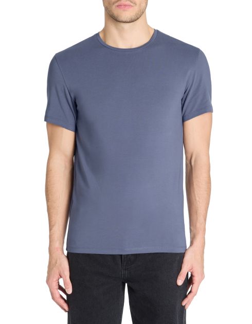 T-shirt slim col rond en coton stretch - bleu