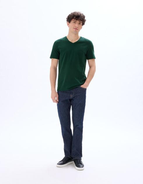 T-shirt slim col V en coton stretch - vert foncé