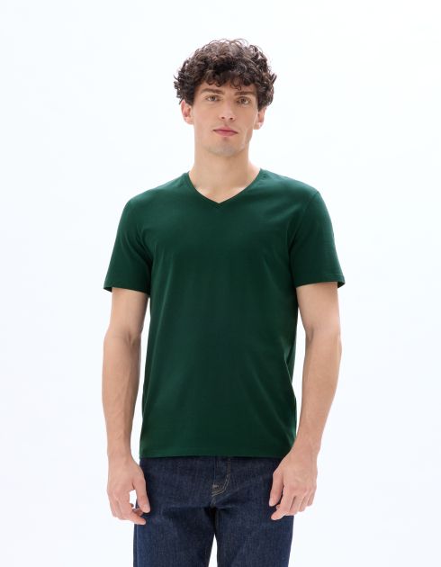 T-shirt slim col V en coton stretch - vert foncé