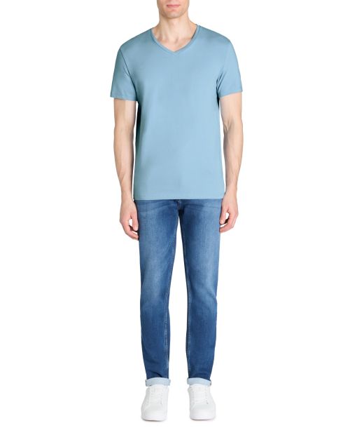 T-shirt slim col v en coton stretch - bleu