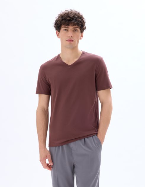 T-shirt slim col V en coton stretch - bordeaux