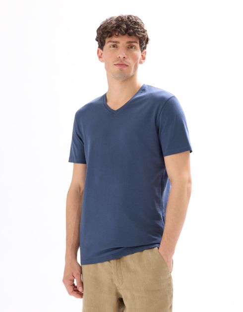 T-shirt slim col V en coton stretch - bleu gris
