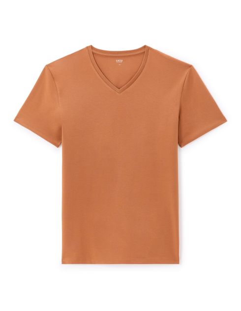T-shirt slim col V en coton stretch - noisette