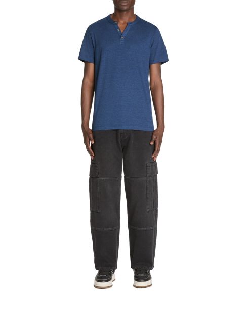 T-shirt col tunisien en coton mélangé - marine