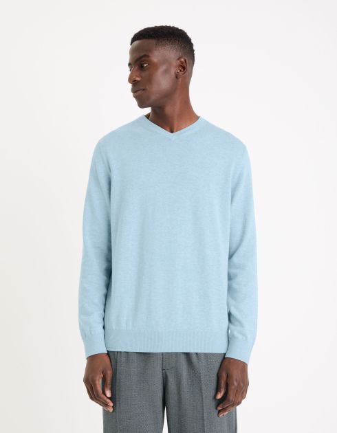 Pull col V 100% coton - bleu clair
