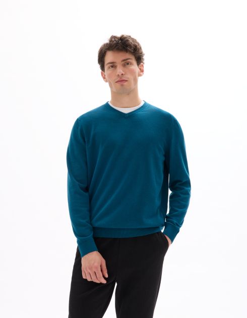 Pull col V 100% coton - bleu foncé