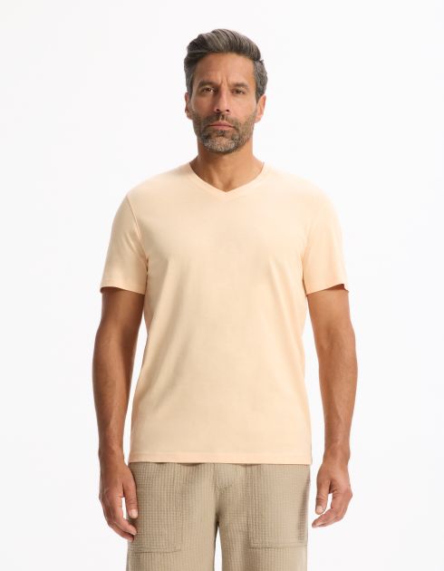 T-shirt straight col v 100% coton - orange
