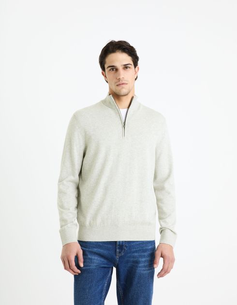 Pull col montant zippé 100% coton - gris chiné