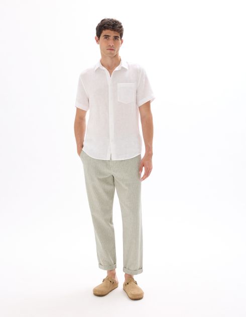 Pantalon straight rayé en lin et coton - sauge