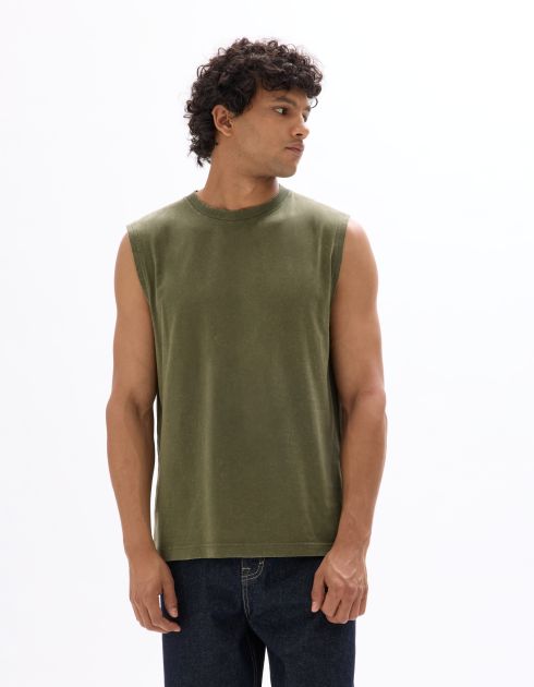 Débardeur boxy col rond 100% coton - kaki