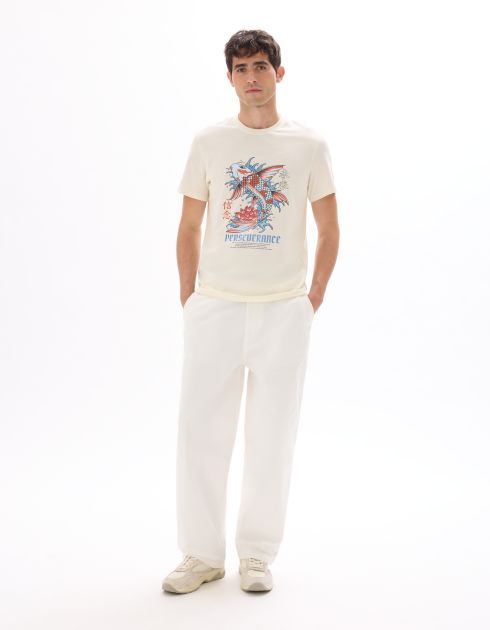 T-shirt regular col rond 100% coton imprimé asie - écru
